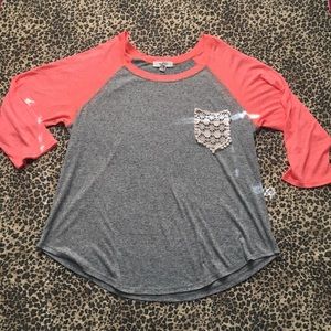 Coral/Grey “baseball tee” Top with lace pocket.
